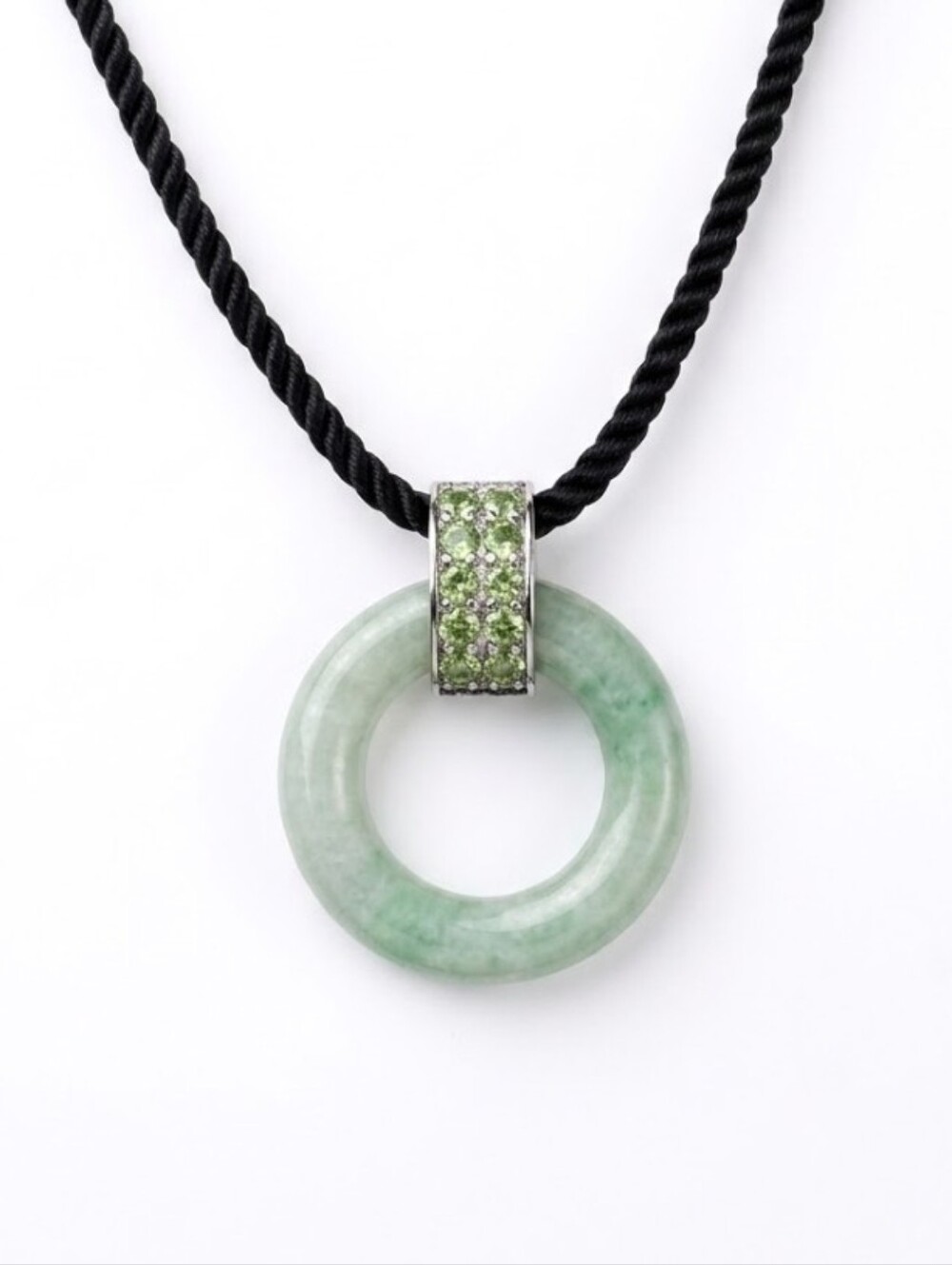 Genuine Jade & Peridot Pendant Black Silk Adjustable Cord 24" Sterling Silver